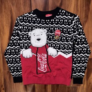 Coca Cola Christmas Sweater Mens L Polar Bear Ugly Holiday 3D Applique Black Red